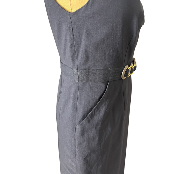 Adrianna Papell Blue Dress V Neck Gold Wood Belt - Picture 6 of 8